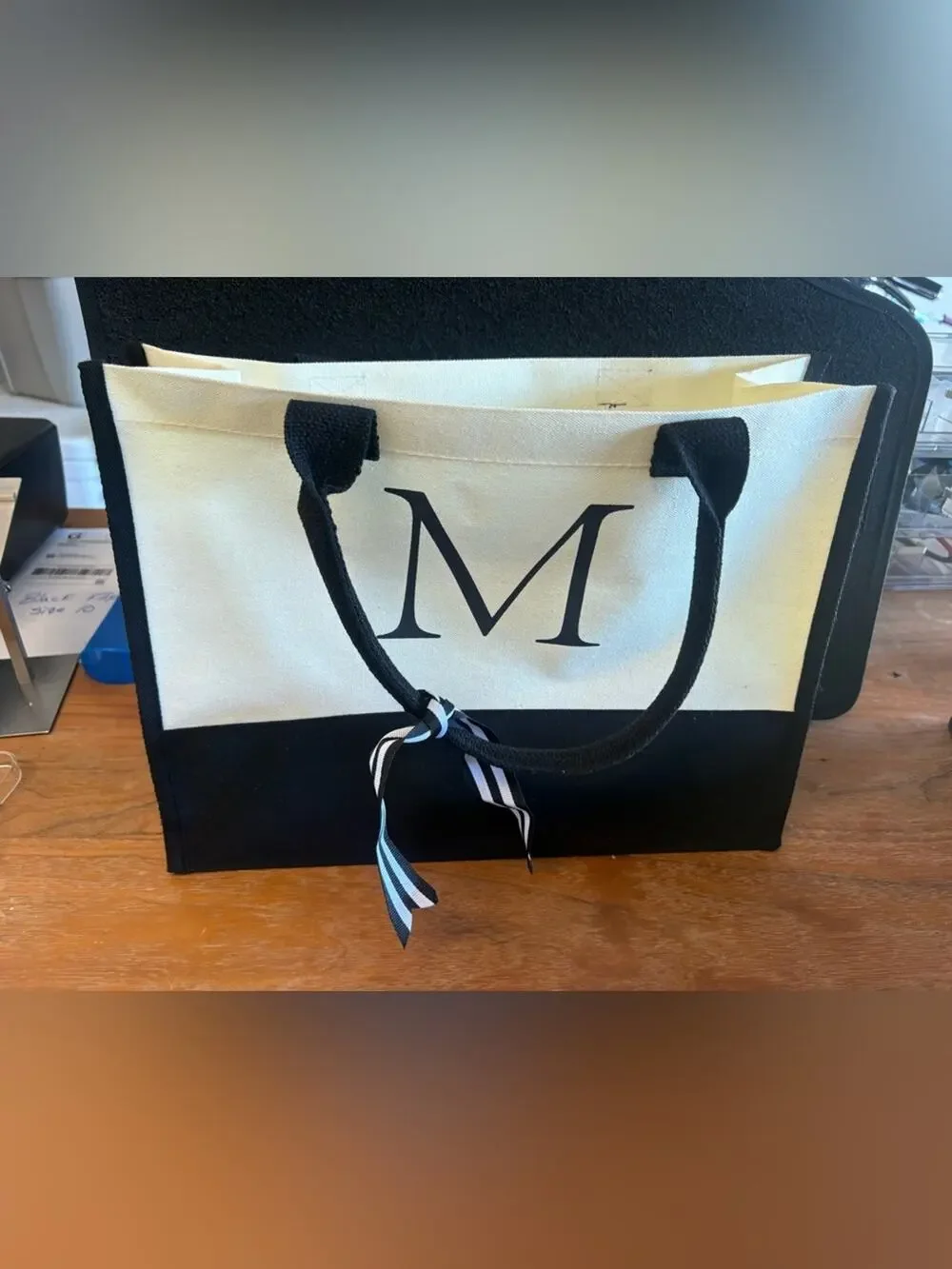 Monogram “M” Canvas Tote Bag Black Cream Reusable Shopper NWOT